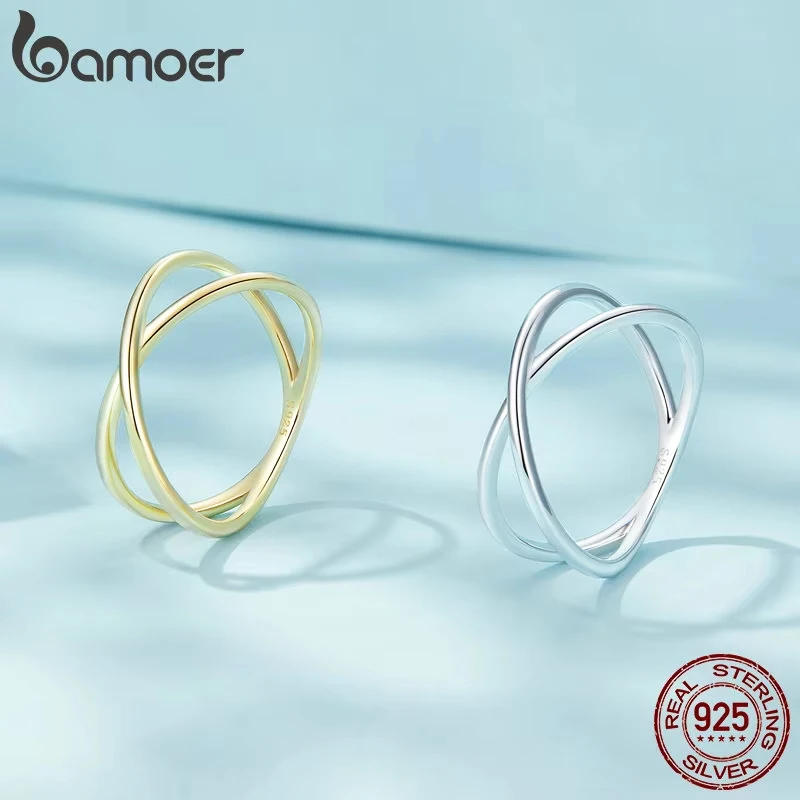 Bamoer 14k banhado a ouro x anel delicado minimalista 925 prata esterlina cruz anel para mulheres promessa jóias 2 cores scr543 - Imagem 5