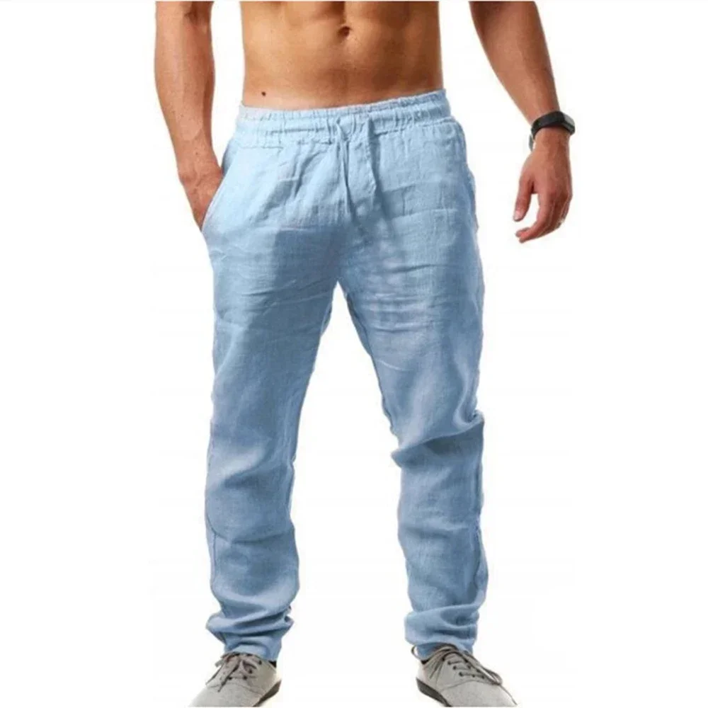 Calças de linho masculinas verão respirável calças de linho moletom cor sólida linho calças de fitness jogging fitness streetwear - Imagem 5