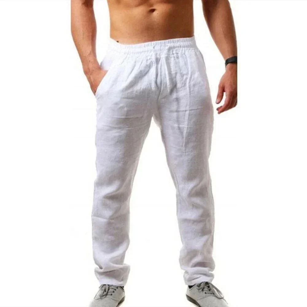 Calças de linho masculinas verão respirável calças de linho moletom cor sólida linho calças de fitness jogging fitness streetwear - Imagem 2