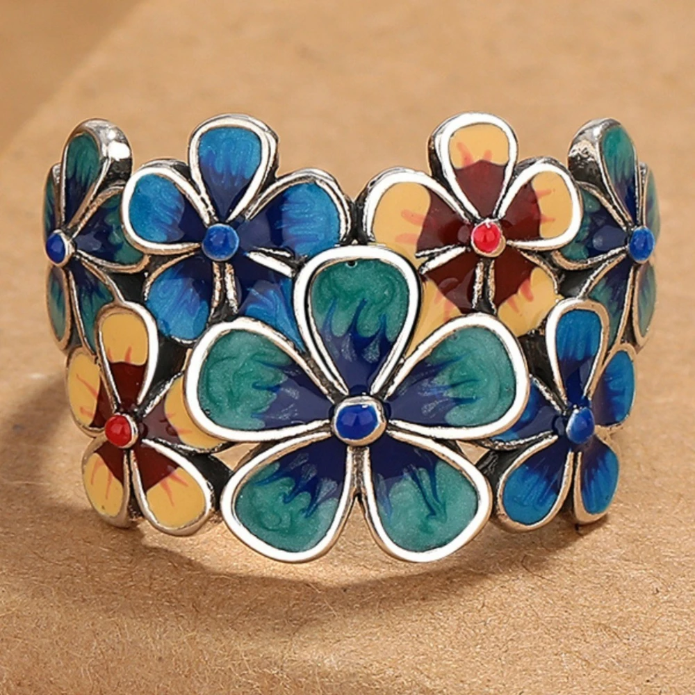 Novo anel florido esmaltado para mulheres com atmosférico retrô azul flor casal anel minimalista festa joias presente - Imagem 4
