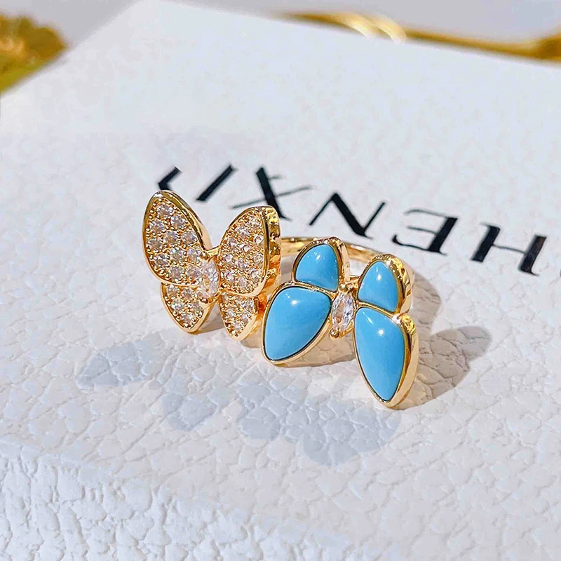 Anel de borboleta azul elegante para mulheres zircônia cúbica luxo clássico ajustável joias abertas Z539 - Imagem 2