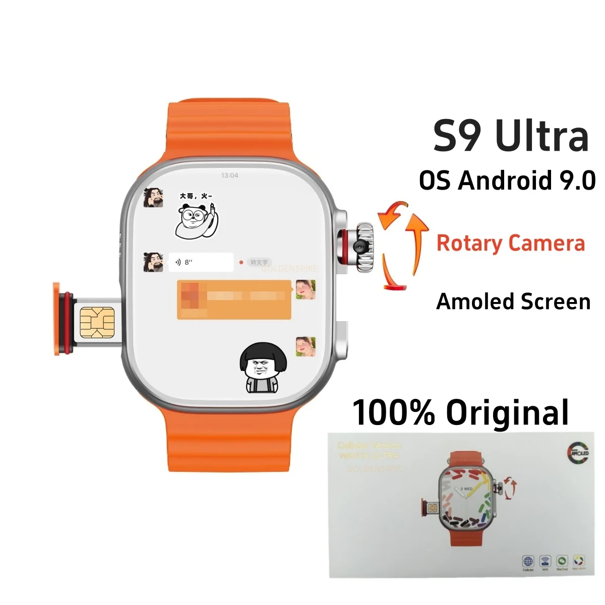 Smartwatch CDS9 Ultra original com Android 9.0, rede 4G, cartão SIM, câmera giratória, tela AMOLED e Google Play Store (versão global).