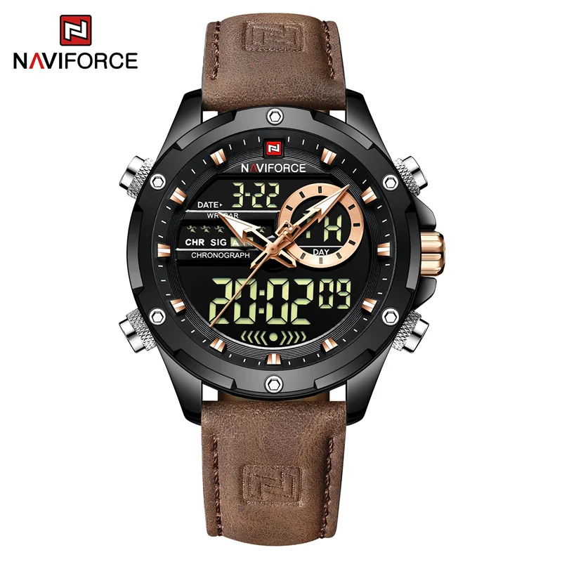 Naviforce relógios originais de luxo para homens casual esporte cronógrafo alarme quartzo relógio de pulso couro à prova dwaterproof água relógio digital 9163 - Imagem 10