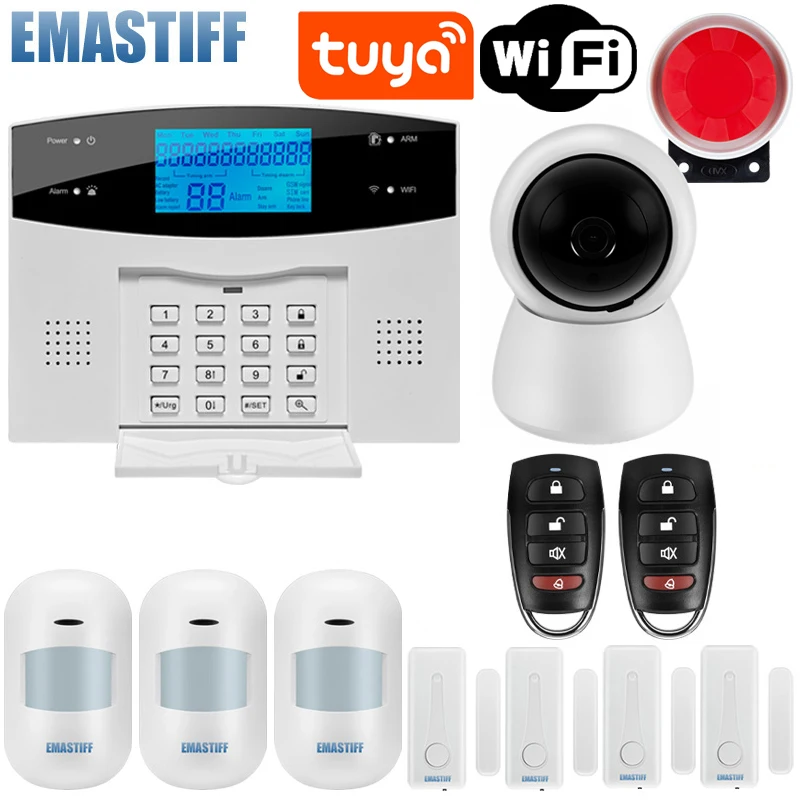 Ios android app com fio de segurança em casa sem fio tuya wifi pstn gsm sistema de alarme intercom controle remoto kit sensor sirene discagem automática