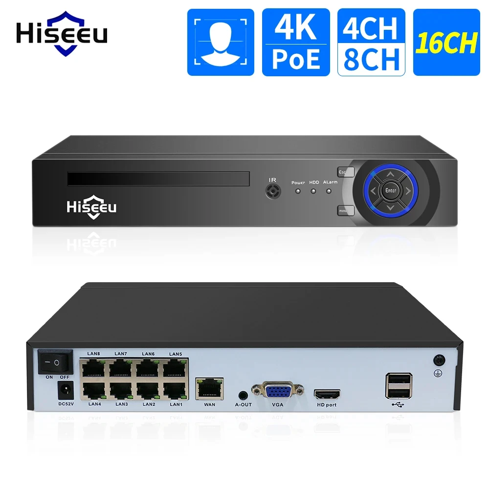 Hiseeu h.265 + 4ch 10ch 16ch poe nvr para câmera de vigilância de segurança ip sistema cctv 5mp 8mp 4k gravador de áudio e vídeo detecção facial