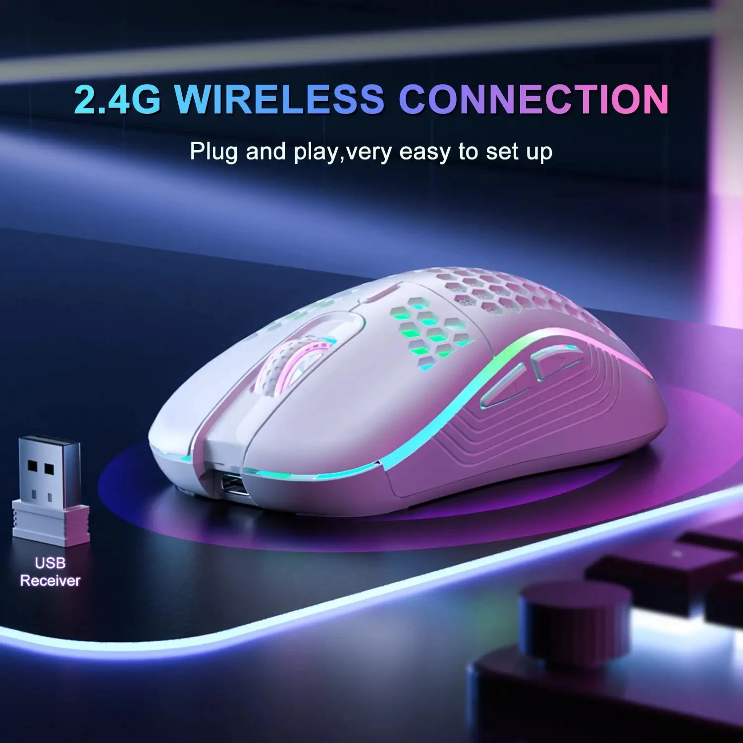 Mouse de carregamento com iluminação RGB sem fio 2.4G com DPI ajustável e ergonômico com design em favo de mel para laptop de mesa - Imagem 6
