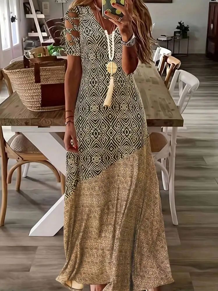 Plus size europeu e americano transfronteiriço verão nova venda quente com decote em v recorte boêmio moda vestido impresso saia longa