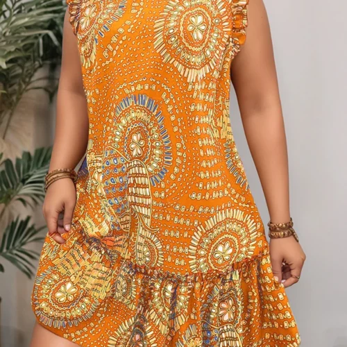 Plus size 2025 verão novo feminino elegante fino ajuste vestido de manga curta-preto ouro e vermelho paisley impressão bainha franzida em torno do pescoço