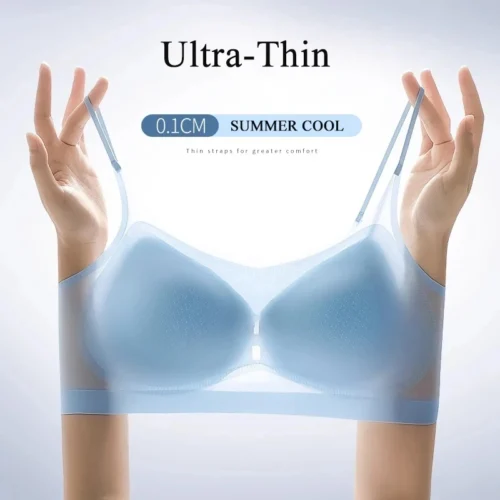 Sutiã de seda gelo respirável ultrafino, roupa íntima feminina, colete halter sem costura, em forma de u, puxar para trás