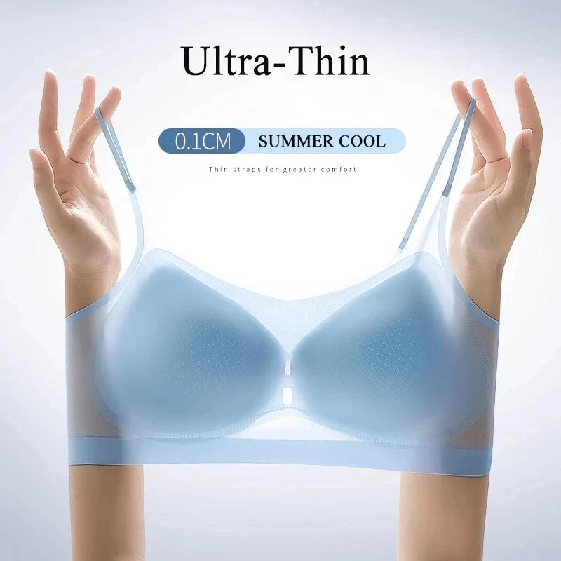 Sutiã de seda gelo respirável ultrafino, roupa íntima feminina, colete halter sem costura, em forma de u, puxar para trás
