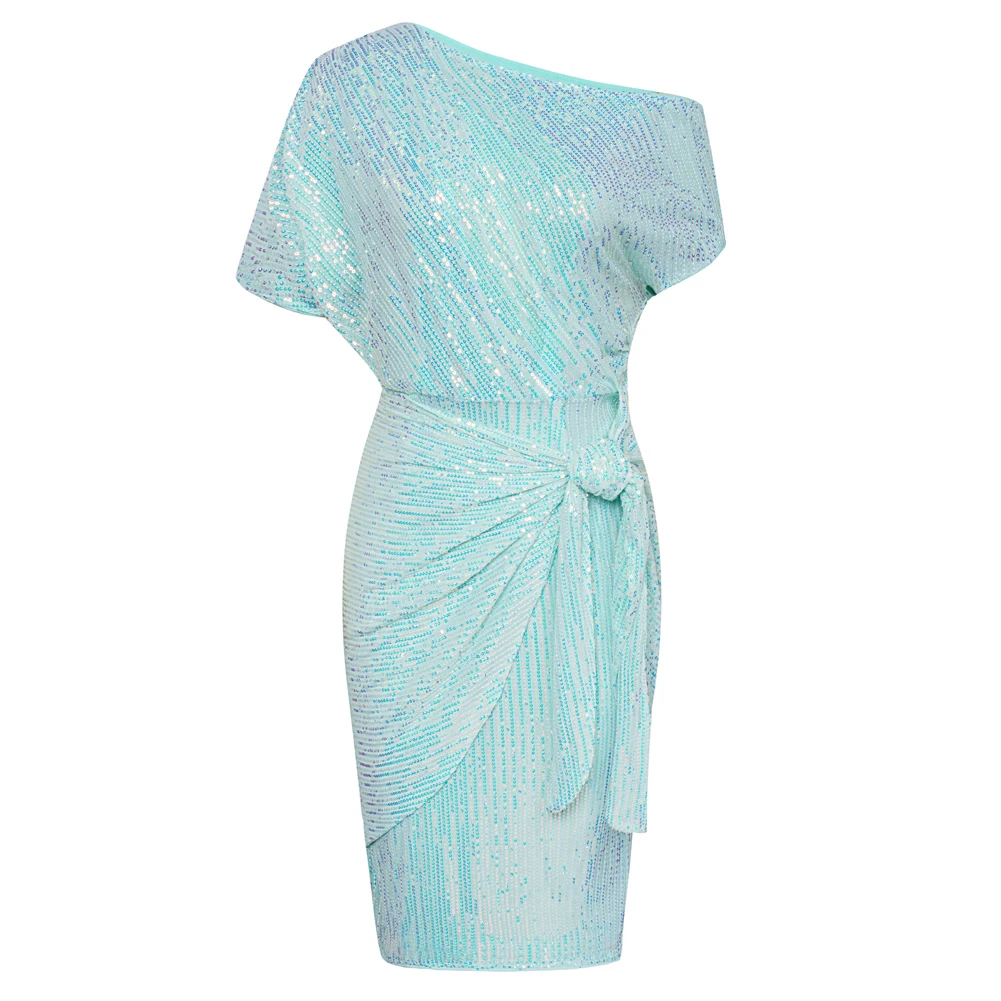 Vestido de festa com lantejoulas feminino, GK, Ruched, manga curta, assimétrica, ombro fora, Bodycon, verão - Imagem 14