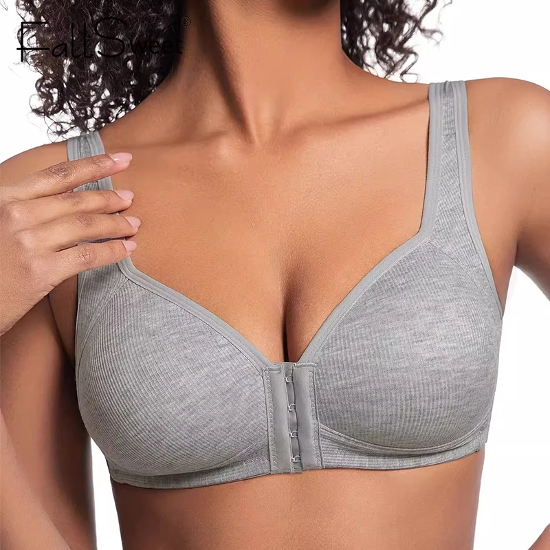 Fallsweet sutiã de fechamento frontal sem fio para mulheres sem costura cobertura completa sutiã copos fixos tamanho grande conforto roupa interior mãe lingeries