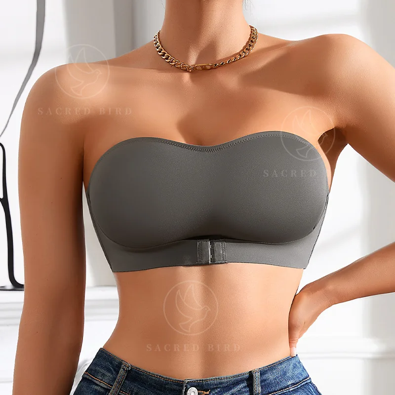 Venda quente Novo design eficaz à prova de deslizamento lateral uma peça bralette acolchoado seda gelo sem alças sutiã para mulher - Imagem 3