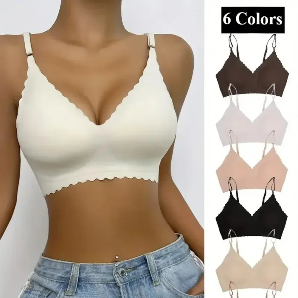 Venda quente 6 cores nova roupa interior de seda gelo sutiã confortável wirefree acolchoado borda ondulada invisível yoga wear senhoras sutiã sem costura feminino