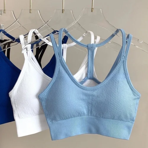 Regata feminina sem costura elástica sem costas com alça espaguete esportiva – com almofadas de sutiã para ioga e fitness