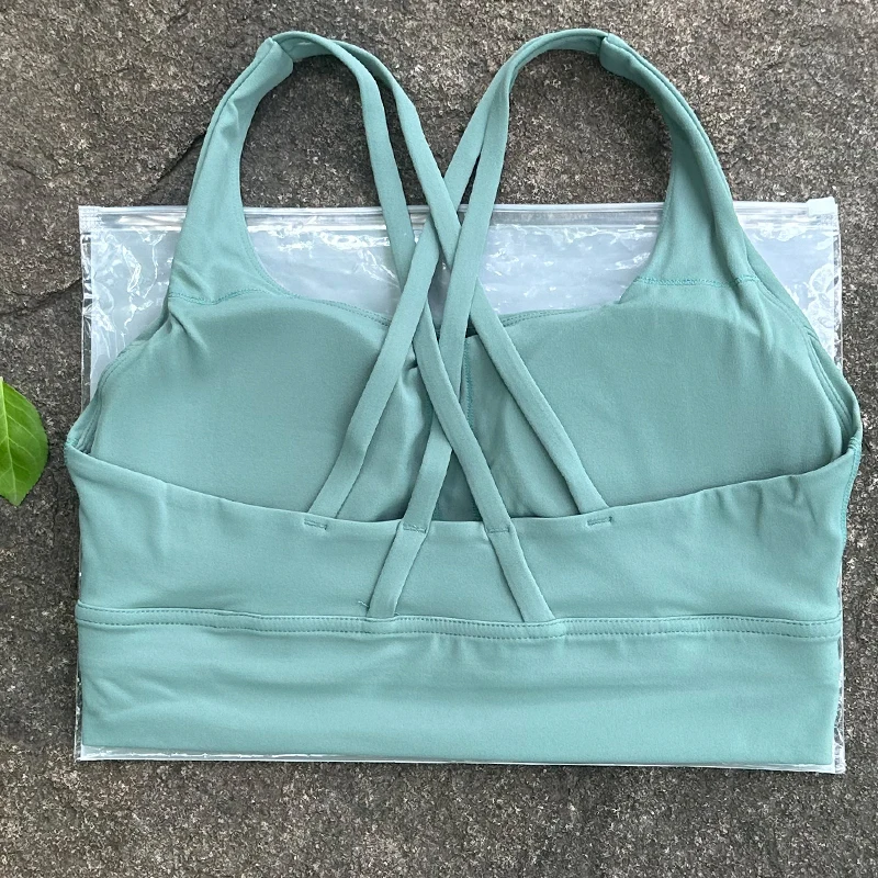 Sutiã feminino de cor sólida com costas cruzadas, roupa íntima fitness macia, sutiã esportivo, academia, yoga, treino atlético com almofada no peito - Imagem 16